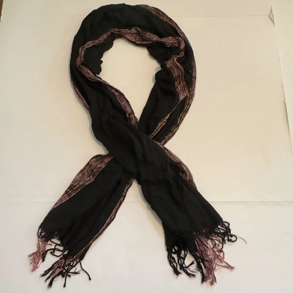 Cejon Black Viscose Scarf Multi Color Metallic Striped Border Fringe Wrap India